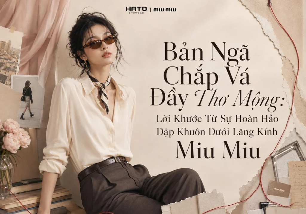 Bản ngã chắp vá đầy thơ mộng dưới lăng kính Miu Miu với người mẫu nữ đeo kính mắt mèo, phong cách thời trang trí thức và nổi loạn.
