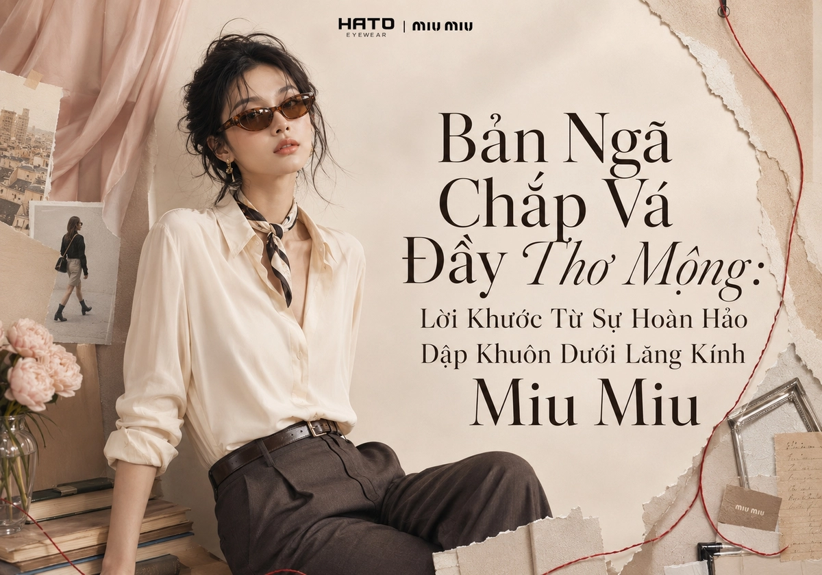 Bản ngã chắp vá đầy thơ mộng dưới lăng kính Miu Miu với người mẫu nữ đeo kính mắt mèo, phong cách thời trang trí thức và nổi loạn.