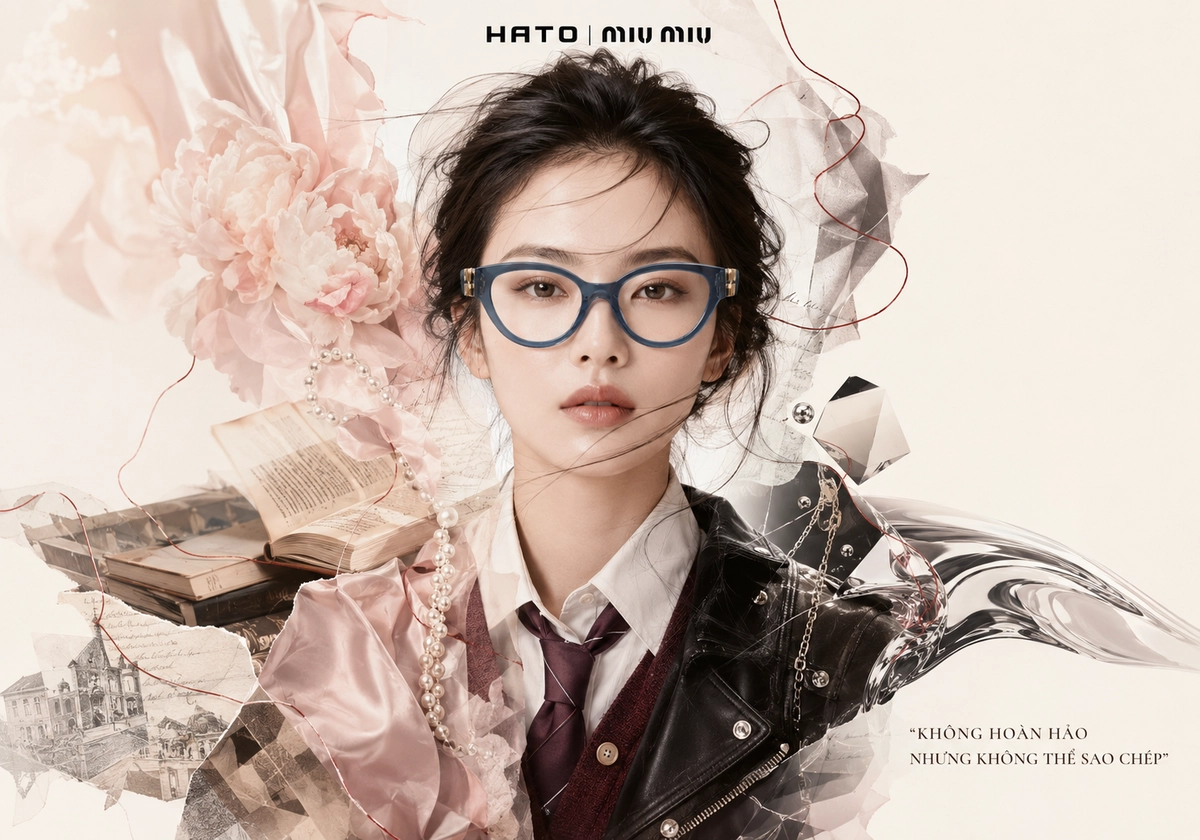 Ảnh minh họa conceptual fashion editorial cho chủ đề “Bản ngã chắp vá không phải một bản ngã khiếm khuyết”, với người mẫu nữ đeo kính Miu Miu xanh, kết hợp phong cách nữ tính, trí thức, nổi loạn và Y2K.