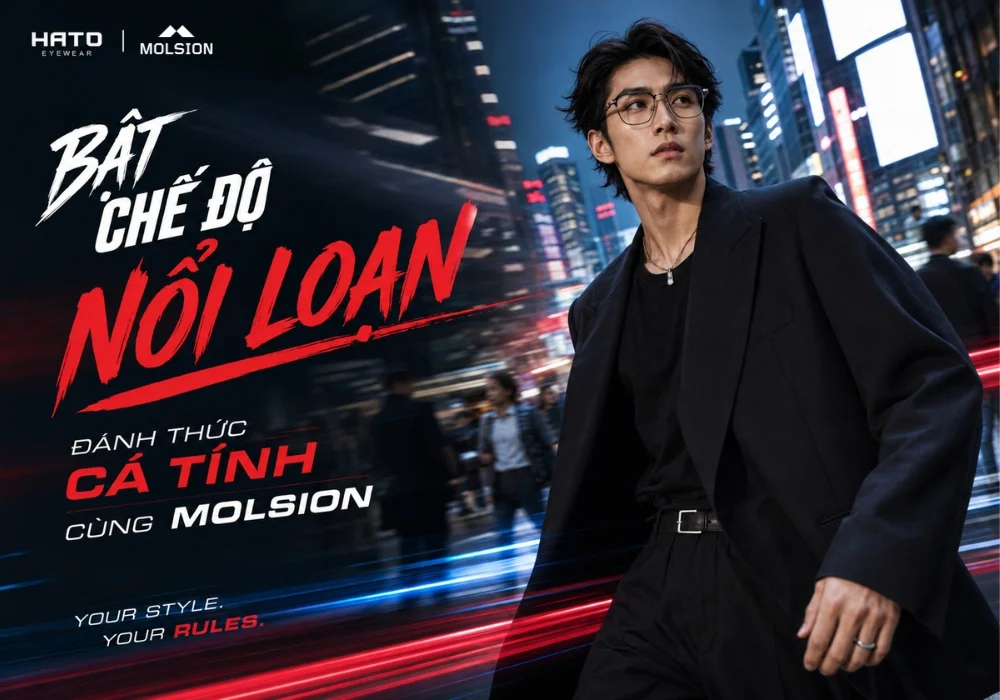 Người mẫu nam châu Á đeo kính Molsion trong chiến dịch thời trang đường phố Bật Chế Độ Nổi Loạn.