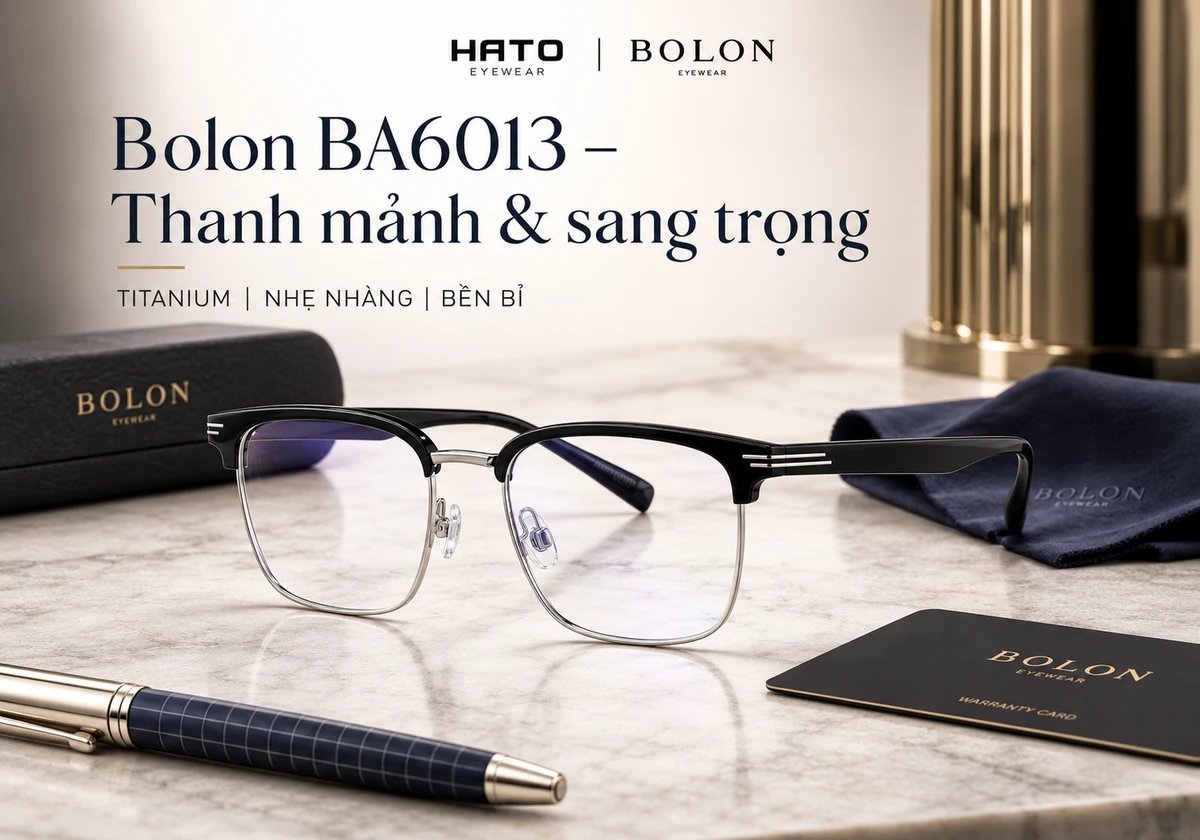 Ảnh sản phẩm gọng kính Bolon BA6013 với thiết kế nửa viền thanh mảnh, sang trọng, nhẹ mặt, phù hợp nam giới trưởng thành yêu thích phong cách công sở hiện đại.
