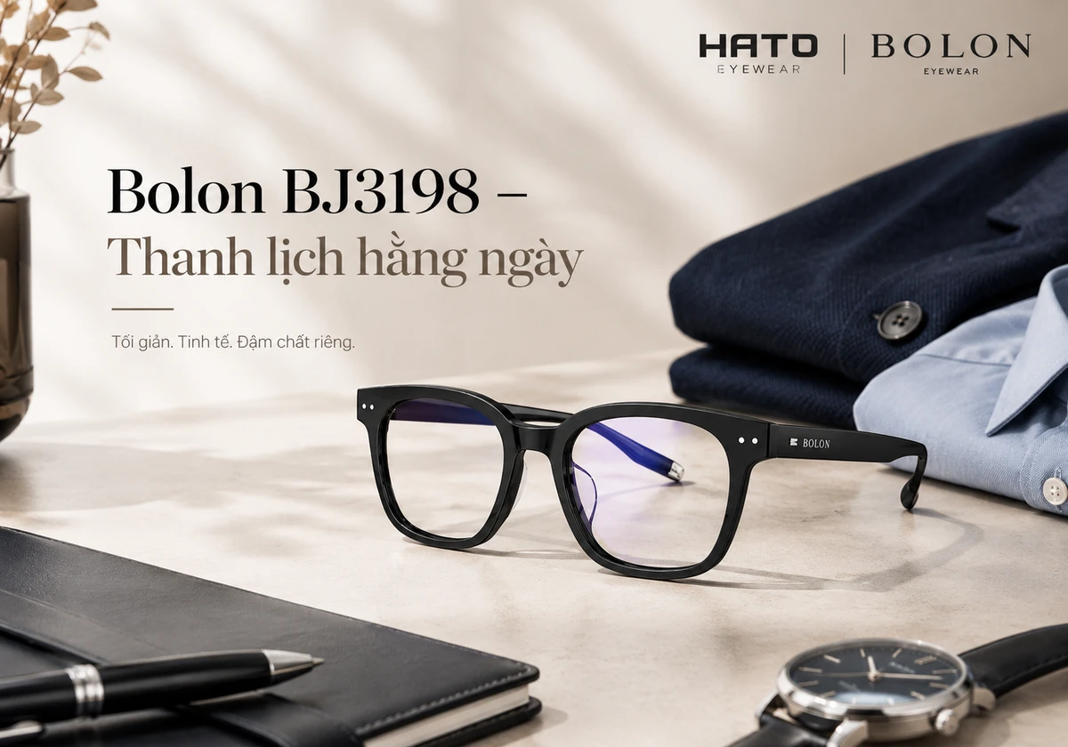 Ảnh sản phẩm gọng kính Bolon BJ3198 màu đen phong cách premium eyewear editorial, thiết kế thanh lịch, hiện đại, dễ phối đồ, phù hợp nam giới trưởng thành và môi trường công sở.