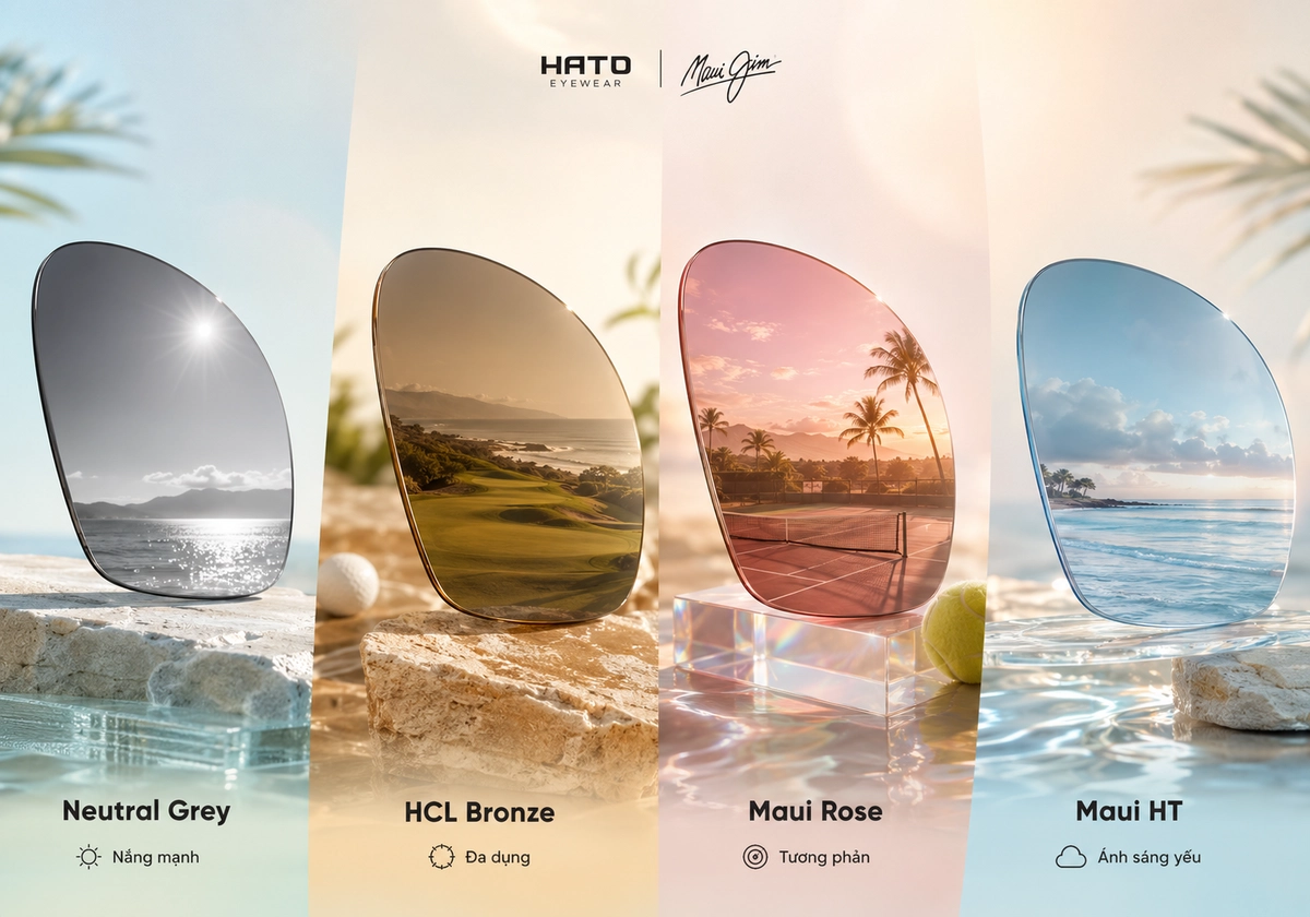 Bốn màu tròng kính Maui Jim gồm Neutral Grey, HCL Bronze, Maui Rose và Maui HT, phù hợp với nhiều điều kiện ánh sáng và hoạt động ngoài trời.