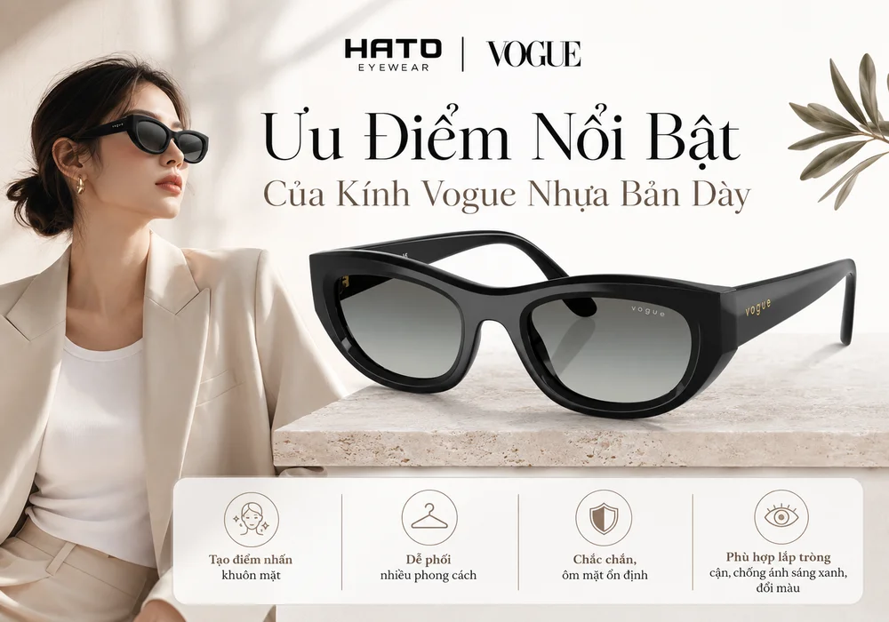 Kính Vogue nhựa bản dày màu đen với thiết kế thời trang, chắc chắn, dễ phối nhiều phong cách tại Hato Eyewear