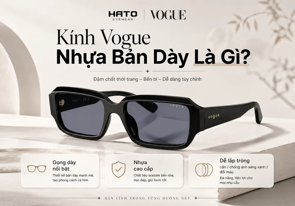Kính Vogue nhựa bản dày màu đen, thiết kế gọng dày nổi bật, thời trang và dễ lắp tròng cận tại Hato Eyewear