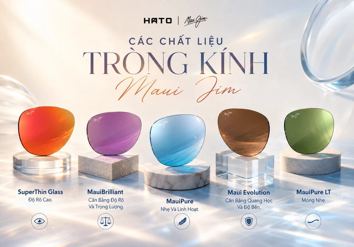 Năm chất liệu tròng kính Maui Jim gồm SuperThin Glass, MauiBrilliant, MauiPure, Maui Evolution và MauiPure LT được trưng bày trên các bệ cao cấp.