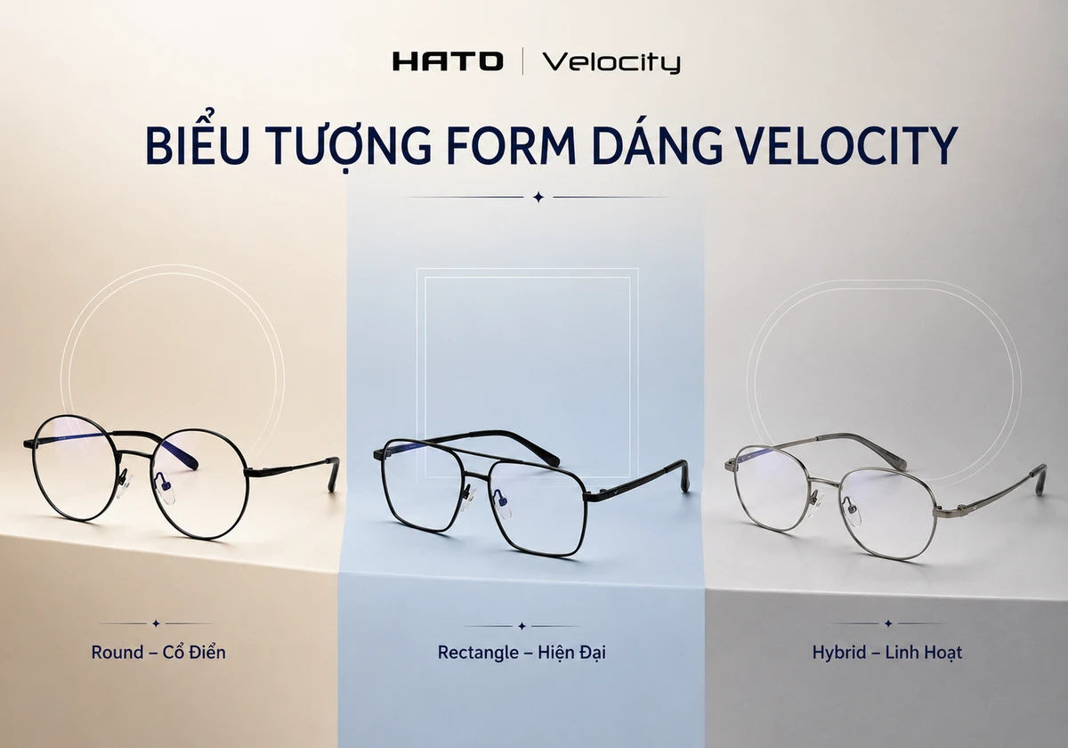 Ba form gọng kính Velocity nổi bật gồm dáng tròn cổ điển, dáng chữ nhật hiện đại và dáng hybrid linh hoạt.