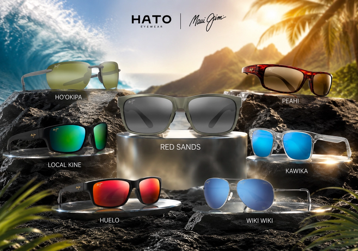 Bộ sưu tập bảy mẫu kính mát Maui Jim gồm Ho’okipa, Red Sands, Peahi, Local Kine, Kawika, Huelo và Wiki Wiki được trưng bày trên đá núi lửa giữa khung cảnh thiên nhiên Hawaii.