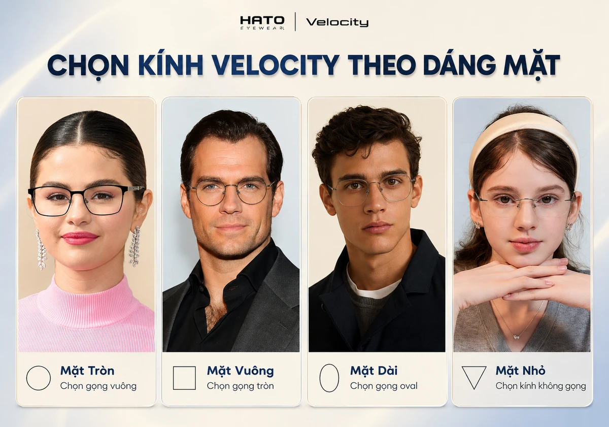 Cách chọn gọng kính Velocity theo dáng mặt tròn, vuông, dài và mặt nhỏ tại Hato Eyewear