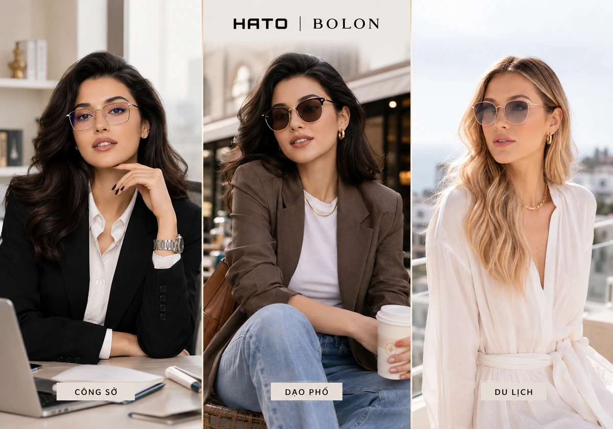 Ảnh thời trang editorial với 3 phong cách phối kính Bolon gồm công sở, dạo phố và du lịch, giúp tạo vẻ ngoài sang trọng và hiện đại.