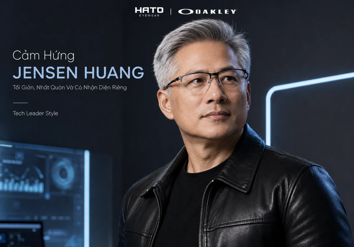 Ảnh lifestyle editorial phong cách doanh nhân công nghệ, lấy cảm hứng từ sự tối giản và nhất quán của Jensen Huang, nổi bật với gọng kính Oakley Tie Bar 0.5 OX5140 nửa khung thể thao tại Hato Eyewear.