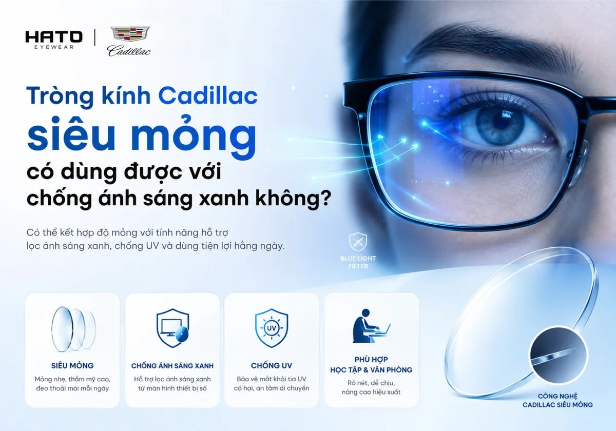 Tròng kính Cadillac siêu mỏng kết hợp chống ánh sáng xanh, chống UV, phù hợp học tập và làm việc văn phòng tại Hato Eyewear