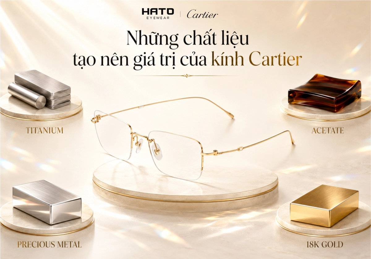 Kính Cartier không gọng cao cấp với chất liệu titanium, kim loại hoàn thiện và vàng 18K tại Hato Eyewear