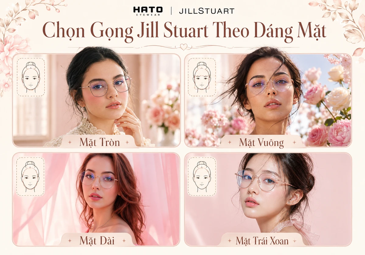 Infographic hướng dẫn chọn gọng kính Jill Stuart theo từng dáng mặt, giúp phái nữ dễ chọn mẫu kính phù hợp, thanh lịch và thời trang hơn.