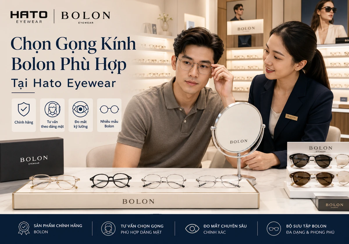 Ảnh CTA mua gọng kính Bolon chính hãng tại Hato Eyewear, không gian showroom cao cấp, tư vấn chọn gọng theo dáng mặt, đo mắt kỹ lưỡng và nhiều mẫu Bolon sang trọng.