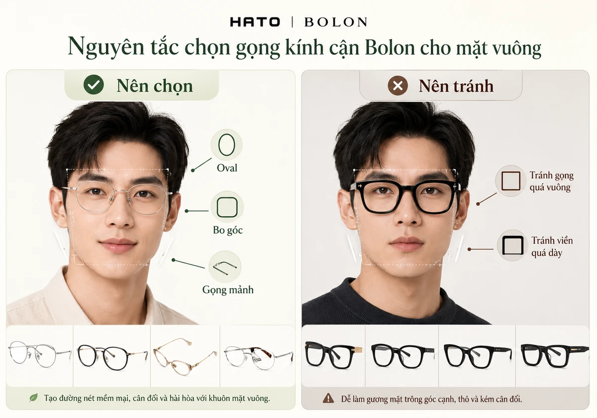 Gọng kính cận Bolon cho mặt vuông, ảnh so sánh cách chọn gọng kính cận Bolon phù hợp với mặt vuông, gồm gọng oval, bo góc, gọng mảnh nên chọn và gọng vuông dày nên tránh.