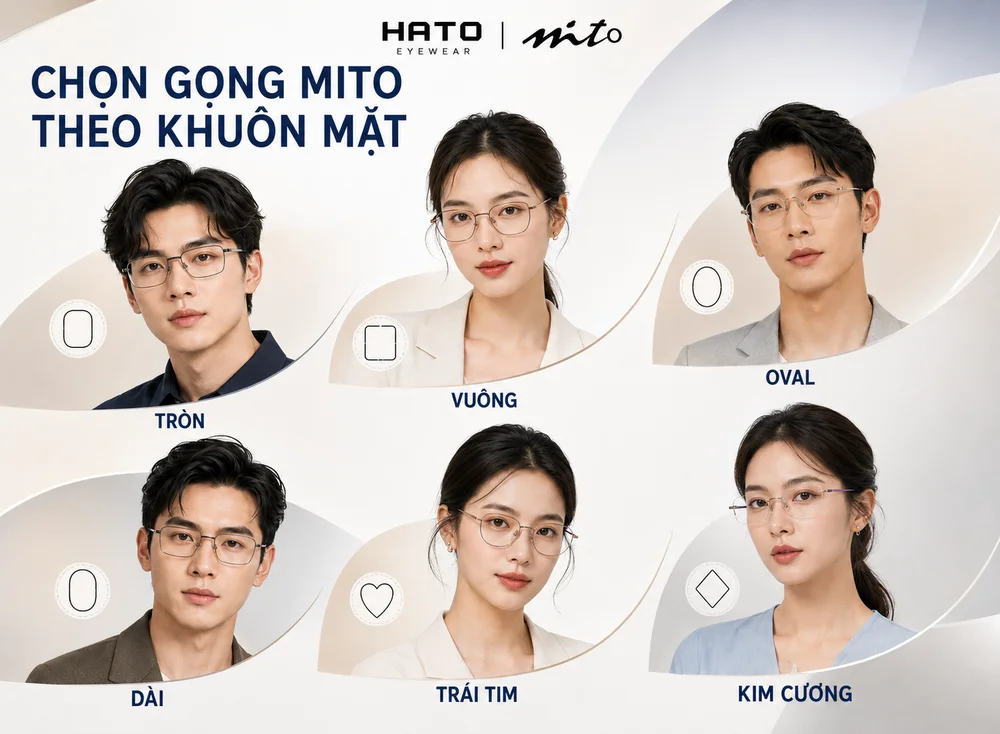 Infographic chọn gọng kính MITO theo khuôn mặt, minh họa sáu dáng mặt phổ biến và kiểu gọng phù hợp, giúp người dùng dễ dàng lựa chọn kính cân đối, thanh lịch và dễ đeo.