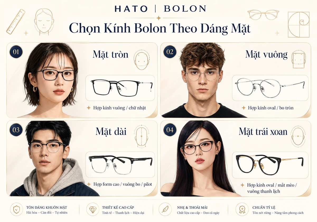 Ảnh infographic “Chọn Kính Bolon Theo Dáng Mặt” hướng dẫn cách lựa chọn gọng kính Bolon phù hợp với từng dáng khuôn mặt như mặt tròn, mặt vuông, mặt dài và mặt trái xoan, giúp tôn đường nét gương mặt và hoàn thiện phong cách thời trang kính mắt cao cấp.