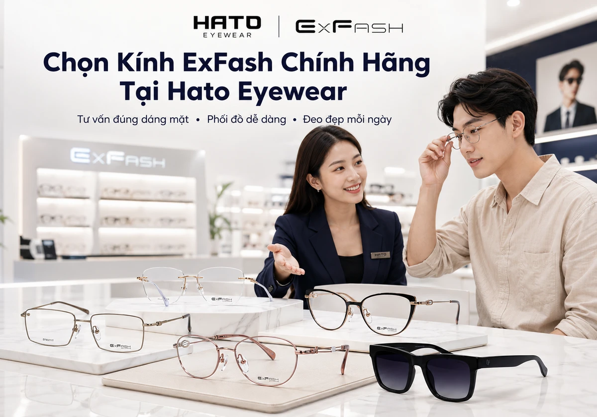 Ảnh CTA showroom Hato Eyewear giới thiệu các mẫu kính ExFash chính hãng với không gian tư vấn hiện đại, sang trọng, phù hợp khách hàng tìm kiếm kính đẹp, đúng dáng mặt và dễ phối đồ mỗi ngày.