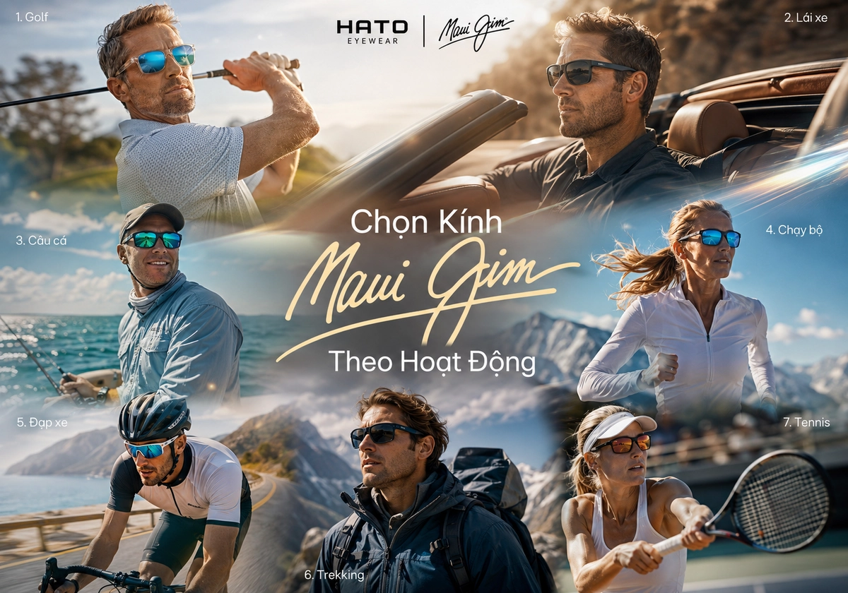 Infographic hướng dẫn chọn kính Maui Jim theo 7 hoạt động ngoài trời gồm golf, lái xe, câu cá, chạy bộ, đạp xe, trekking và tennis.