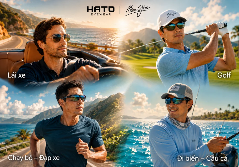 Infographic chọn kính Maui Jim theo nhu cầu lái xe, chơi golf, chạy bộ, đạp xe, đi biển và câu cá.