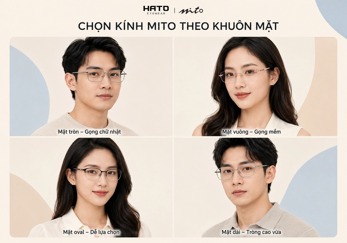 Chọn kính Mito theo từng dáng khuôn mặt tròn, vuông, oval và mặt dài