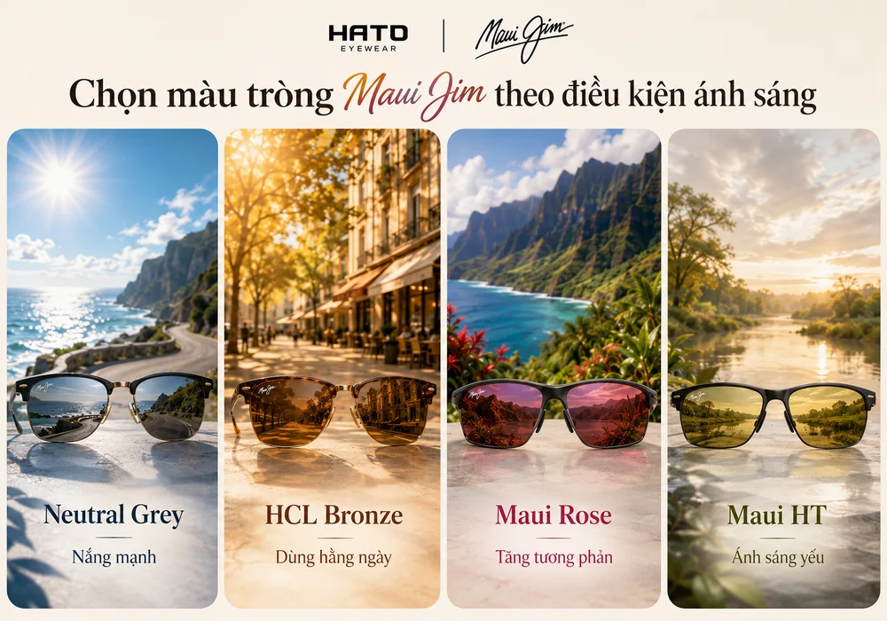 Infographic so sánh bốn màu tròng kính Maui Jim gồm Neutral Grey, HCL Bronze, Maui Rose và Maui HT theo từng điều kiện ánh sáng.