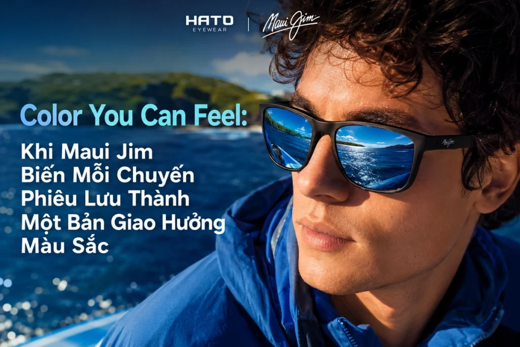 Người mẫu đeo kính mát Maui Jim tròng phản quang xanh bên bờ biển, minh họa chủ đề Color You Can Feel và trải nghiệm màu sắc sống động trong mỗi chuyến phiêu lưu.