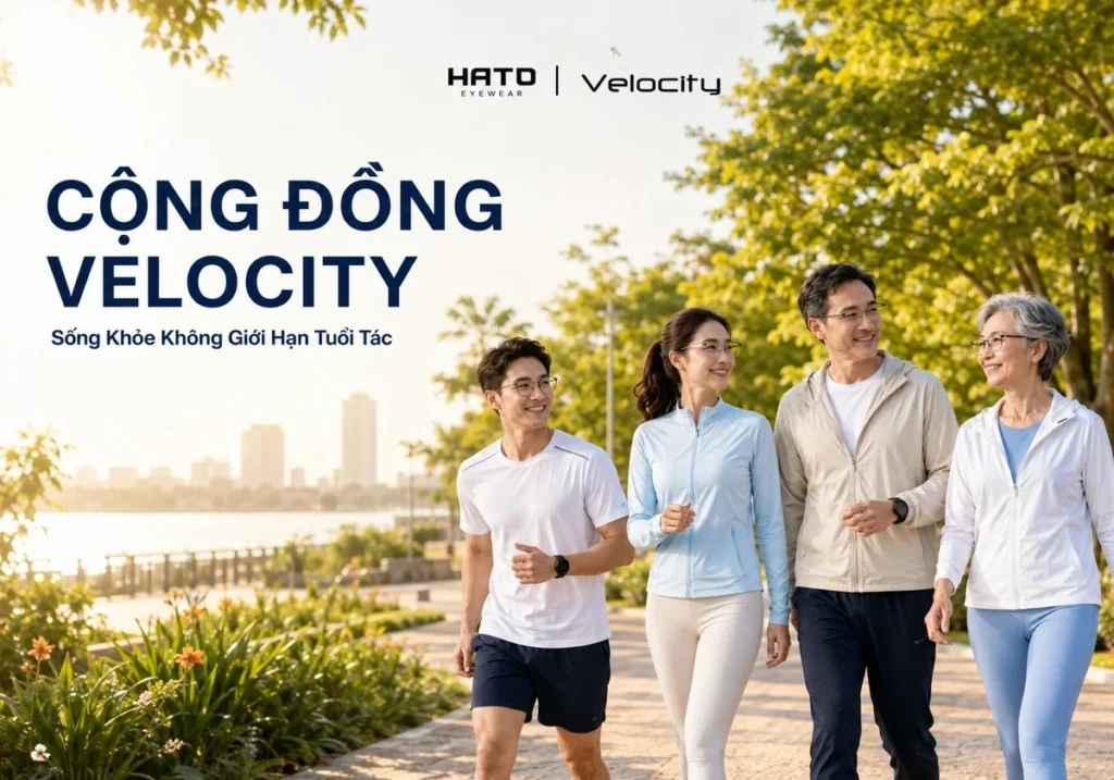 Cộng đồng Velocity đa thế hệ cùng đi bộ, vận động và đeo kính Velocity trong không gian công viên ngoài trời.