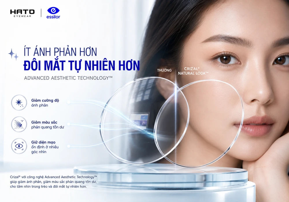 Công nghệ Advanced Aesthetic Technology trên tròng kính Essilor Crizal Natural Look giúp giảm ánh phản và giữ đôi mắt tự nhiên hơn.