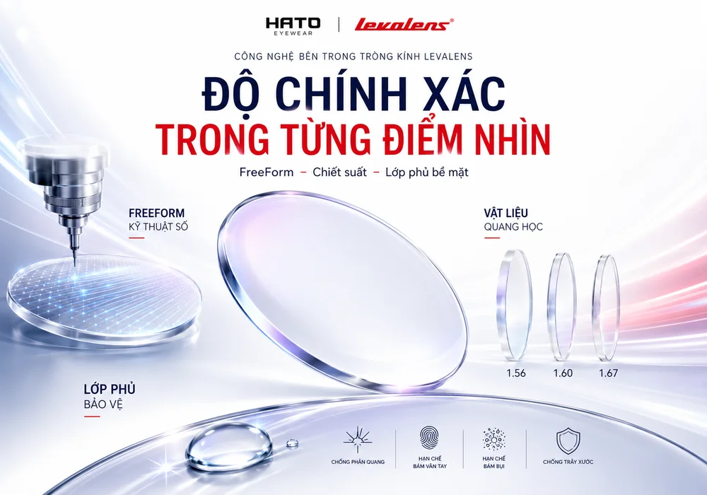Infographic công nghệ bên trong tròng kính Levalens với FreeForm kỹ thuật số, vật liệu quang học chiết suất 1.56, 1.60, 1.67 và lớp phủ bảo vệ.