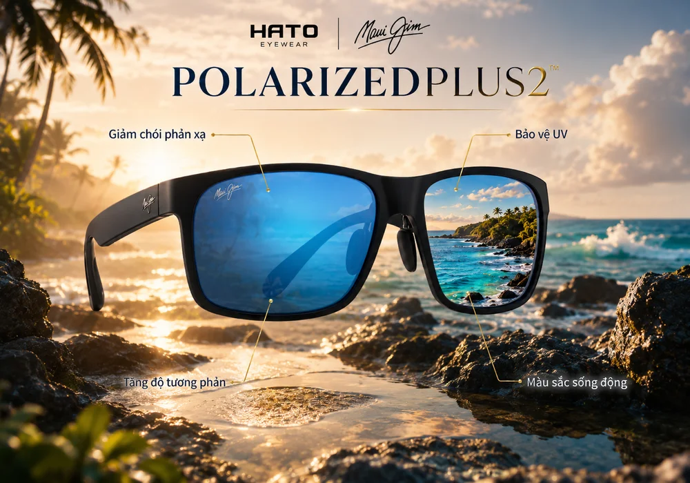 Hình minh họa công nghệ PolarizedPlus2 trên kính Maui Jim với hiệu ứng giảm chói, tăng tương phản, bảo vệ UV và màu sắc sống động.