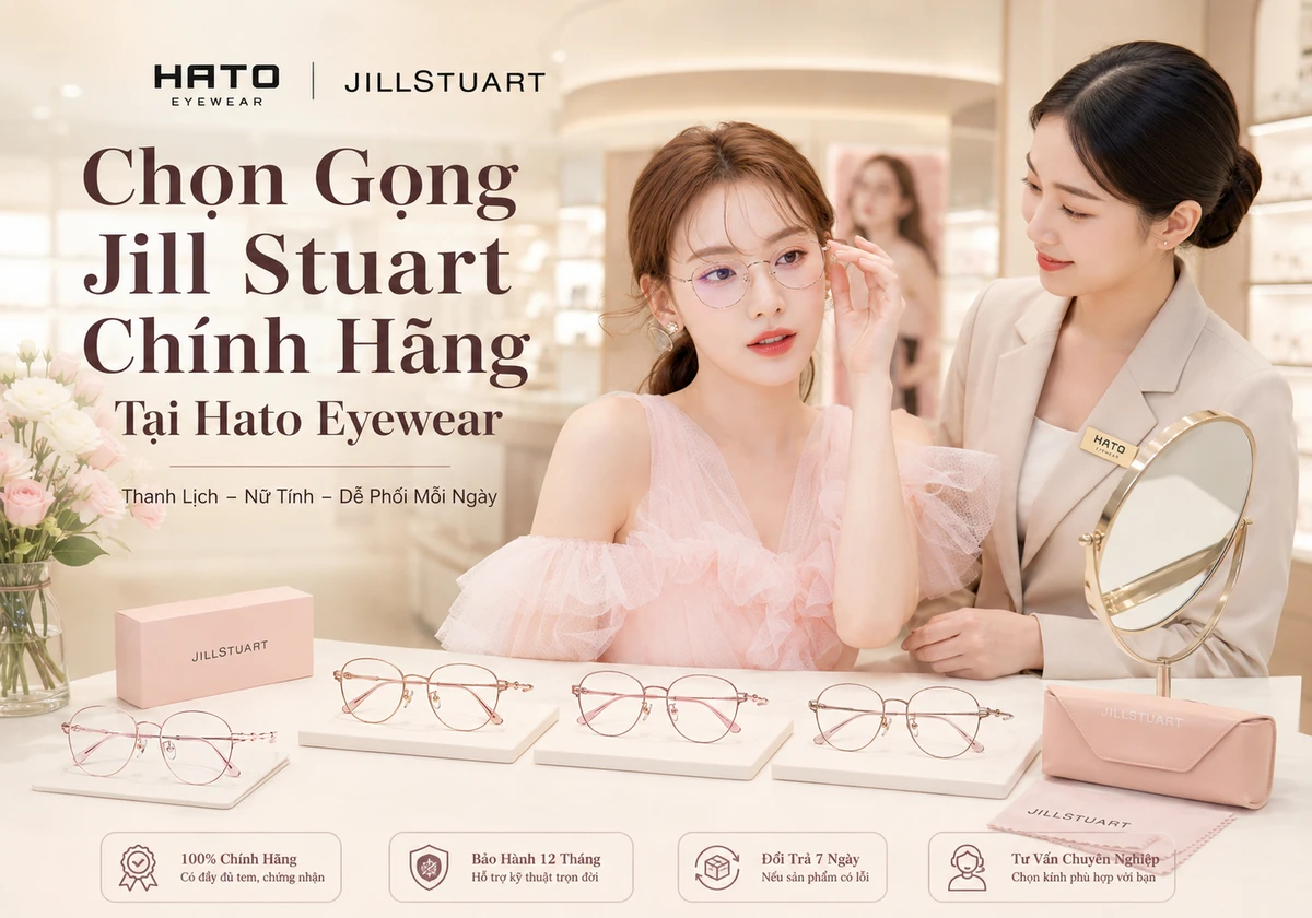 Khách hàng nữ thử gọng kính Jill Stuart chính hãng tại showroom Hato Eyewear sang trọng