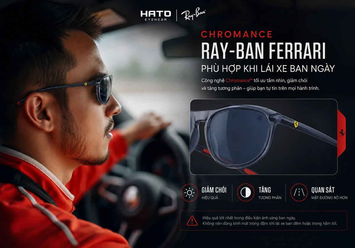 Kính mát Chromance Ray-Ban Ferrari hỗ trợ giảm chói, tăng tương phản và quan sát rõ hơn khi lái xe ban ngày