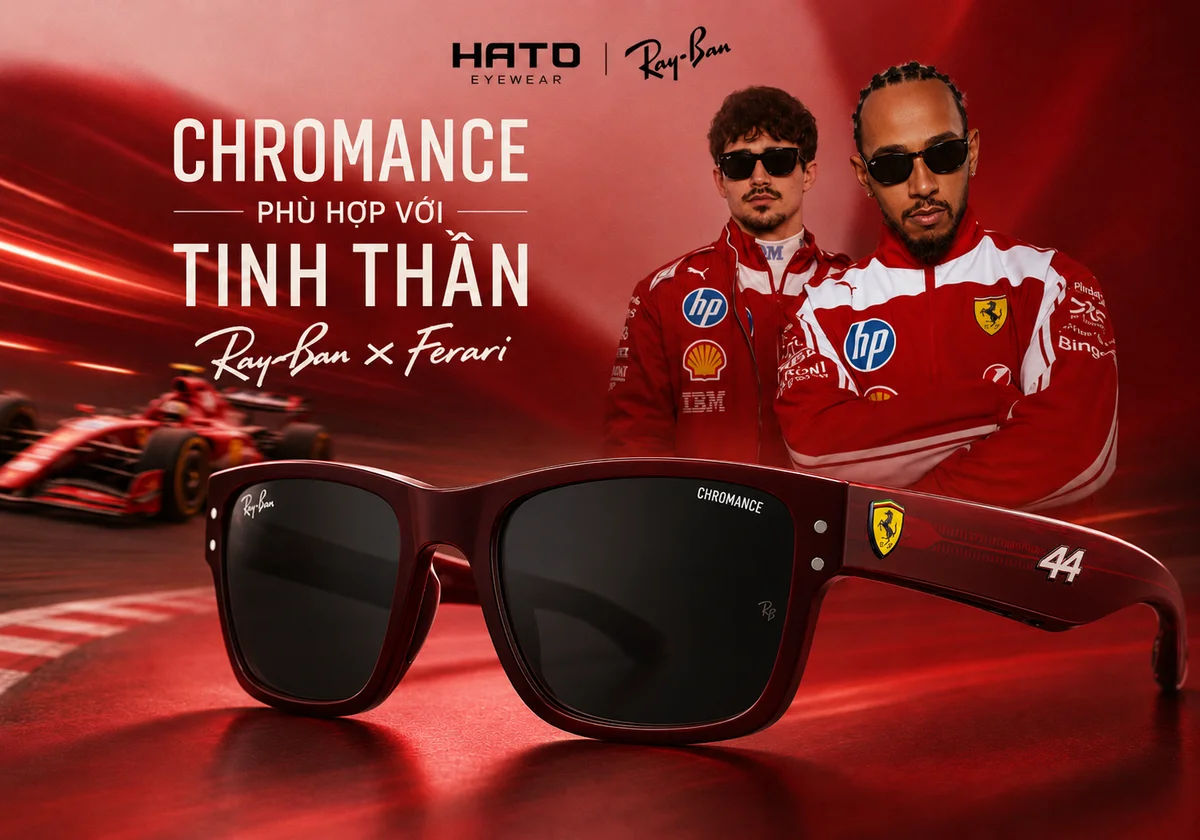 Hình ảnh minh họa kính Ray-Ban x Ferrari với tròng Chromance, nổi bật phong cách thể thao tốc độ, khả năng giảm chói, tăng tương phản và mang lại trải nghiệm nhìn rõ nét ngoài trời.