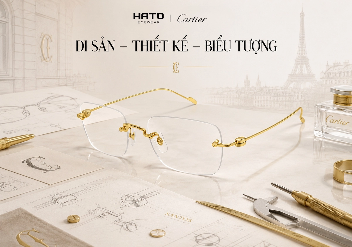 Kính mắt Cartier chính hãng không gọng kim loại vàng đặt trên bàn thiết kế luxury với bản phác thảo, chi tiết Santos và cảm hứng kiến trúc Paris