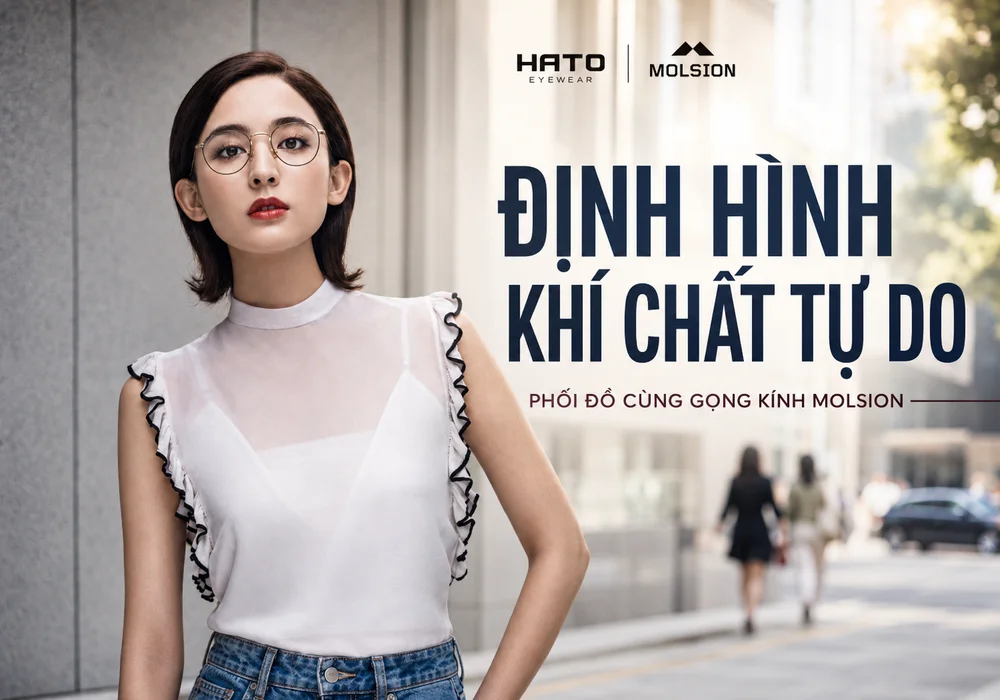 Người mẫu nữ phối đồ cùng gọng kính Molsion trong phong cách thời trang thành thị hiện đại tại Hato Eyewear.