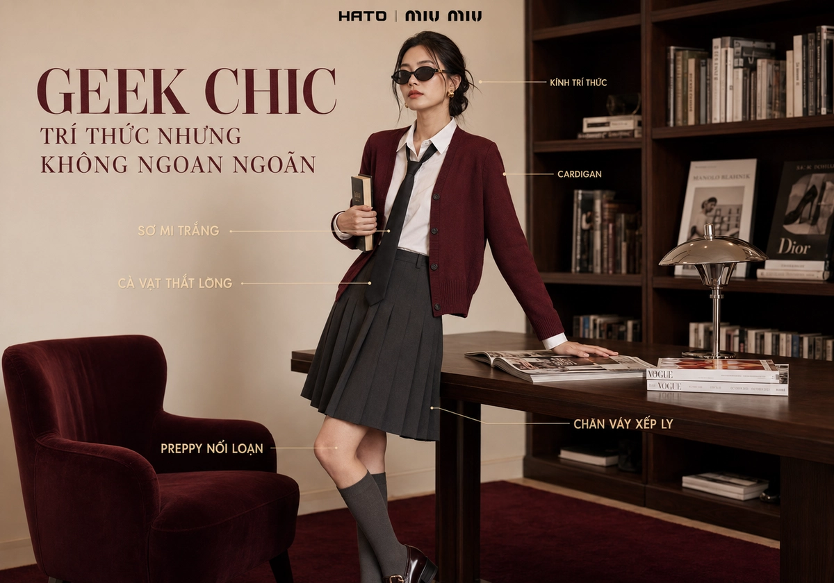 Phong cách Geek Chic với người mẫu nữ đeo kính Miu Miu, phối cardigan burgundy, sơ mi trắng, cà vạt thắt lỏng và chân váy xếp ly trong không gian thư viện cao cấp.