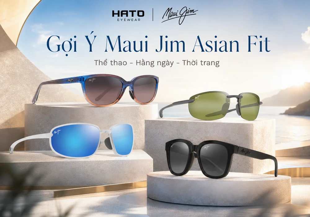 Bốn mẫu kính mát Maui Jim Asian Fit và Universal Fit được trưng bày trên bệ cao cấp, phù hợp phong cách thể thao, hằng ngày và thời trang.