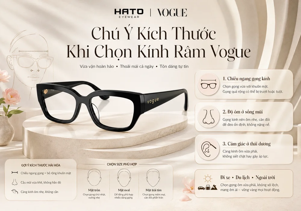 Ảnh minh họa hướng dẫn chọn kích thước kính râm Vogue với các tiêu chí quan trọng như chiều ngang gọng kính, độ ôm sống mũi và cảm giác ở thái dương, giúp người đeo chọn mẫu vừa vặn, thoải mái và đẹp hơn khi sử dụng hằng ngày.