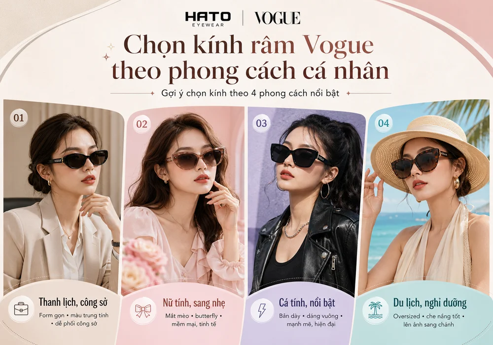 Ảnh minh họa tư vấn chọn kính râm Vogue theo phong cách cá nhân với 4 nhóm phong cách nổi bật: công sở, nữ tính, cá tính và nghỉ dưỡng.