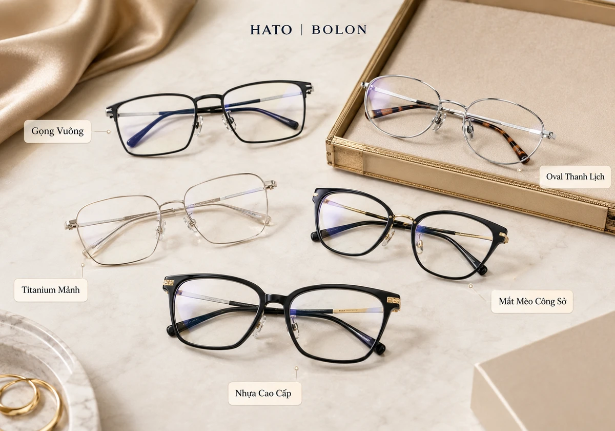 Gợi ý các kiểu gọng kính Bolon thanh lịch cho dân công sở: gọng vuông, oval, titanium mảnh, mắt mèo và nhựa cao cấp.