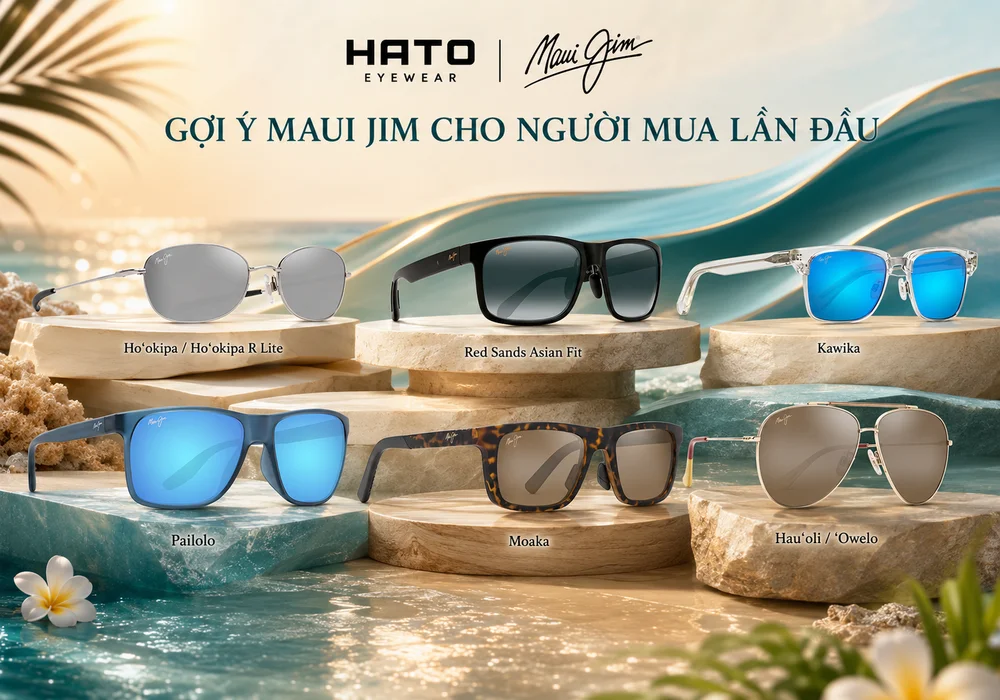 Ảnh showcase 6 mẫu kính Maui Jim dành cho người mua lần đầu gồm Ho‘okipa, Red Sands Asian Fit, Kawika, Pailolo, Moaka và Hau‘oli.