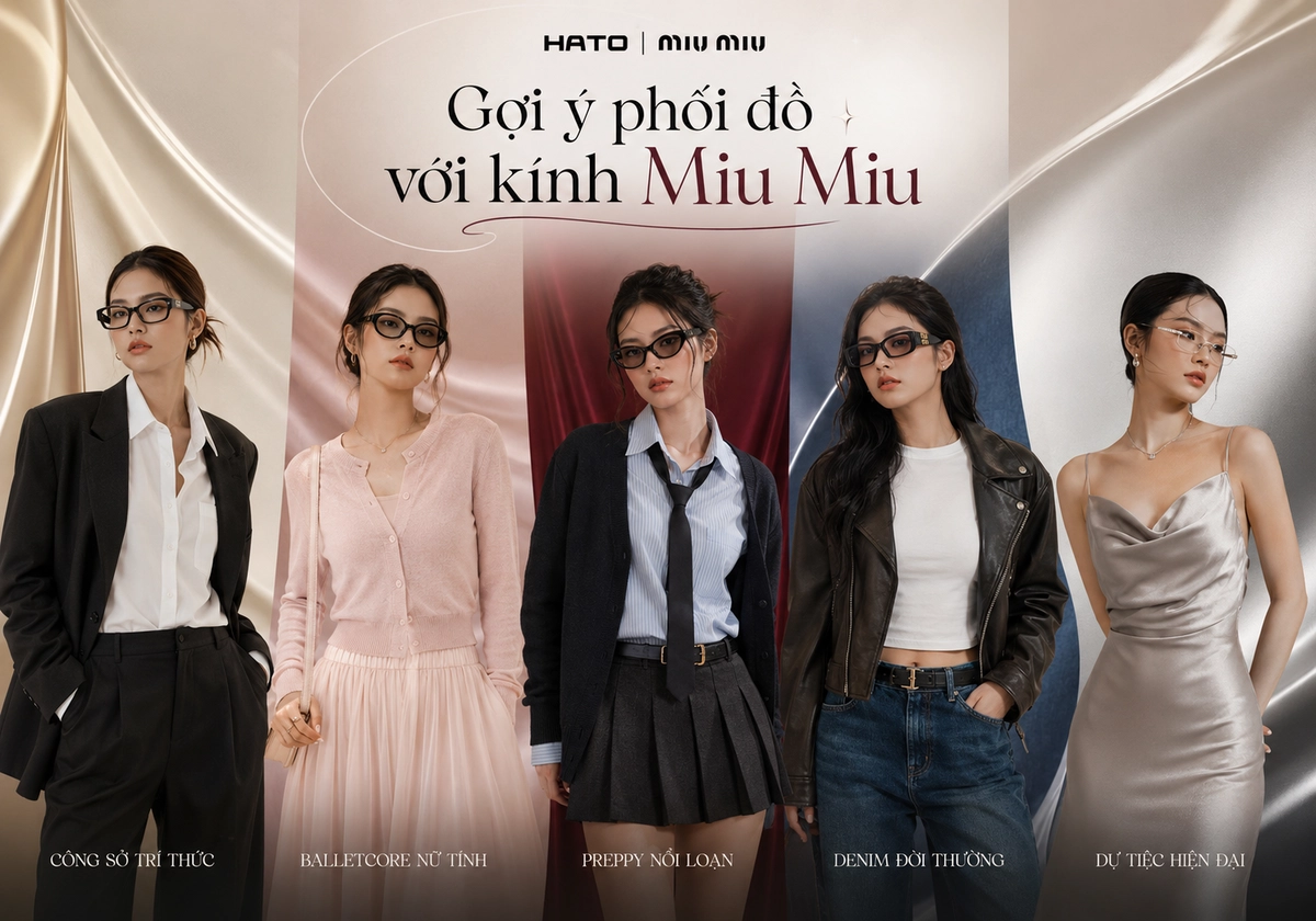 Gợi ý phối đồ với kính Miu Miu theo năm phong cách gồm công sở trí thức, balletcore nữ tính, preppy nổi loạn, denim đời thường và dự tiệc hiện đại.
