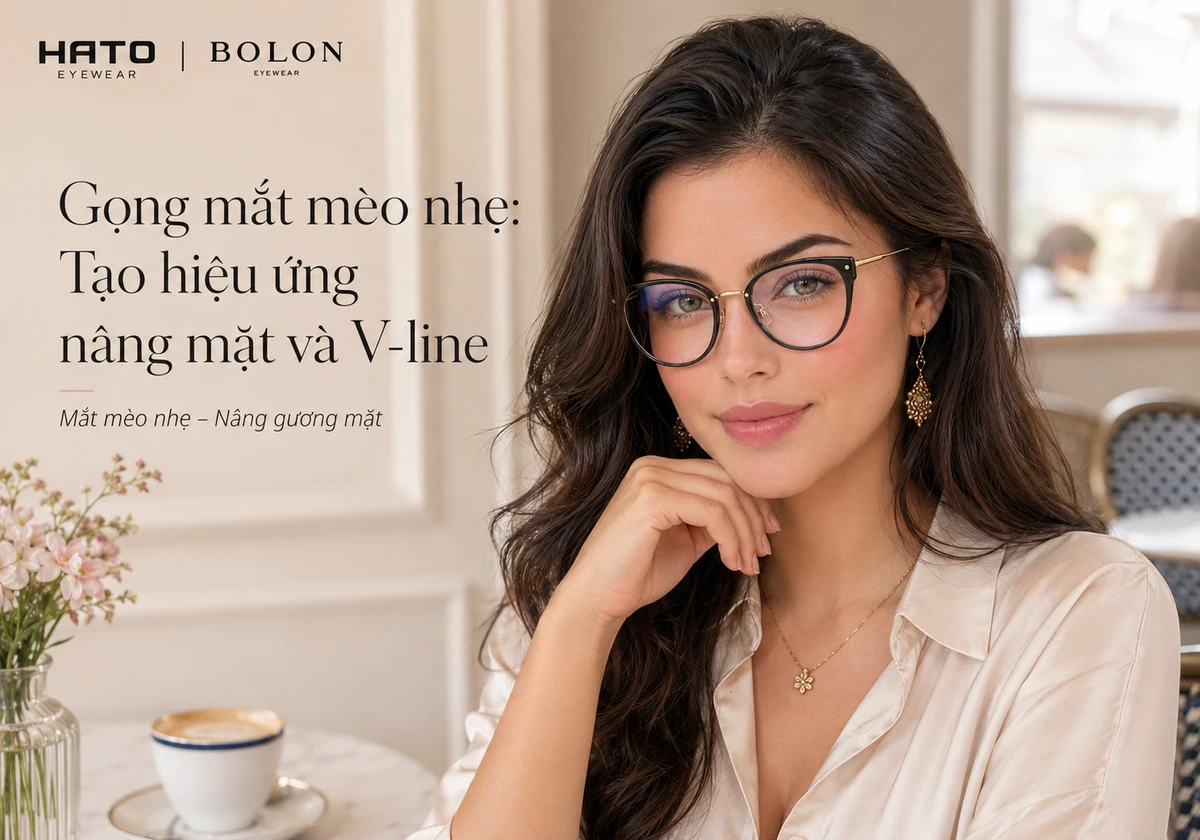 Người mẫu nữ mặt tròn nhẹ đeo gọng kính Bolon dáng mắt mèo bo mềm, tròng trong suốt phản quang xanh tím nhẹ trong không gian cafe sang trọng.