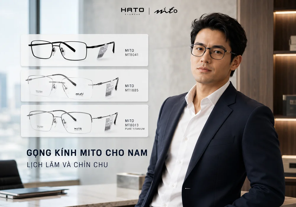 Ảnh minh họa gọng kính MITO cho nam với ba thiết kế MT8041, MT1885 và MT8013 Pure Titanium, kết hợp phong cách công sở lịch lãm, trưởng thành và chỉn chu.
