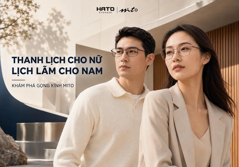 Gọng kính MITO cho nam và nữ với thiết kế thanh mảnh, hiện đại trong không gian kiến trúc cao cấp.