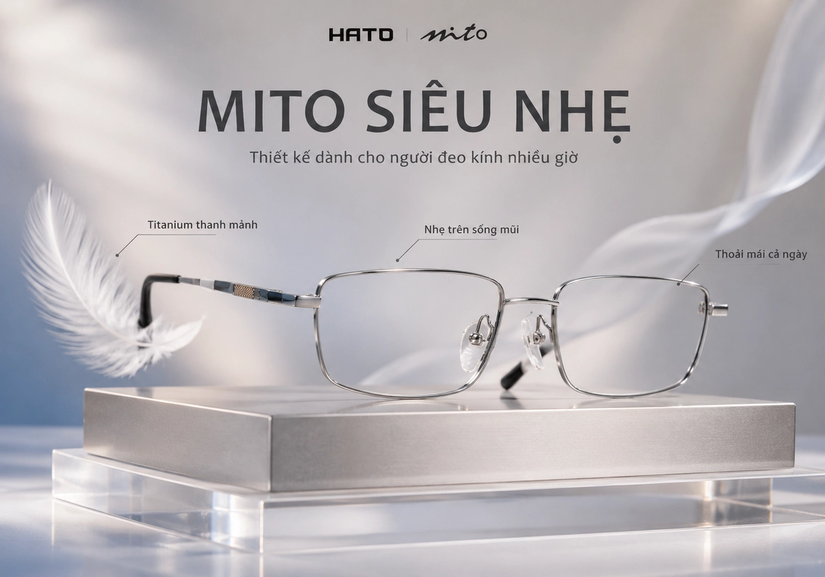 Ảnh minh họa gọng kính Mito titanium siêu nhẹ với thiết kế kim loại thanh mảnh, ve mũi êm và trọng lượng nhẹ, phù hợp cho người thường xuyên đeo kính cả ngày.