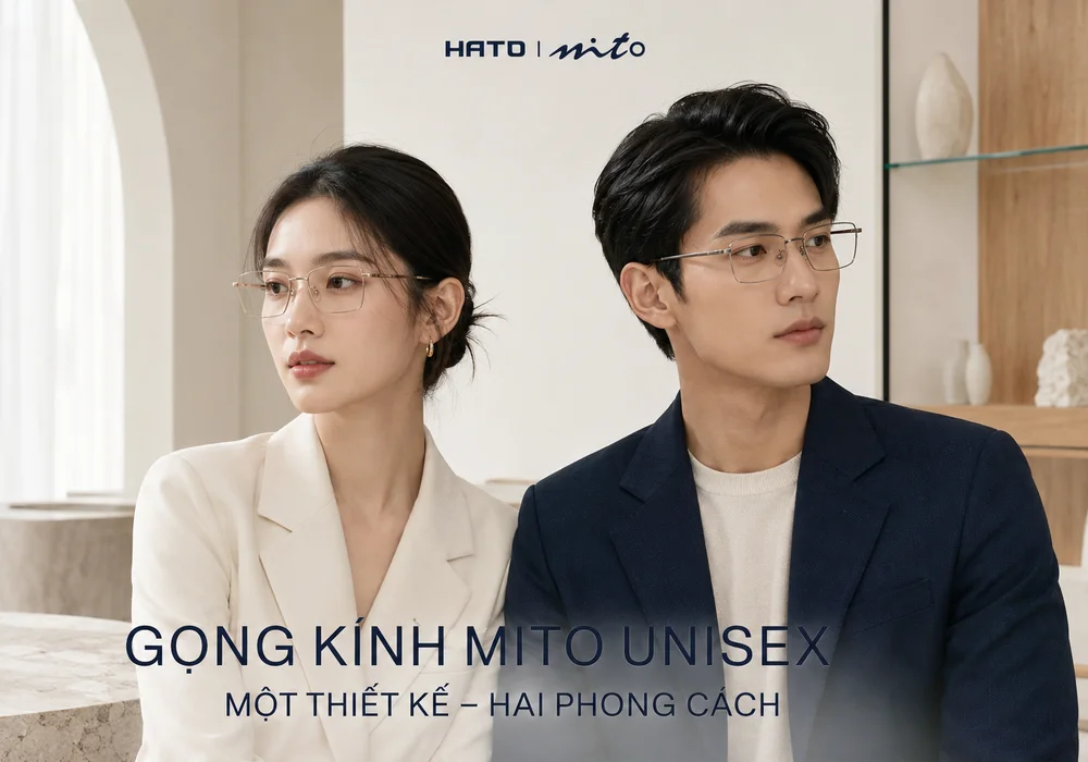 Người mẫu nam và nữ châu Á đeo gọng kính MITO unisex thanh mảnh tại không gian tối giản của Hato Eyewear.