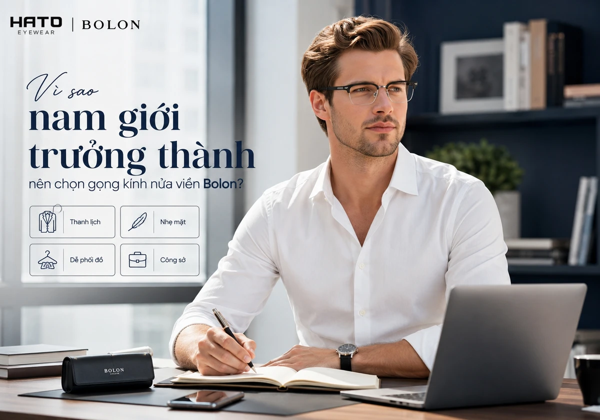 Gọng kính nửa viền Bolon nam giới trưởng thành đeo gọng kính nửa viền Bolon trong phong cách công sở lịch lãm